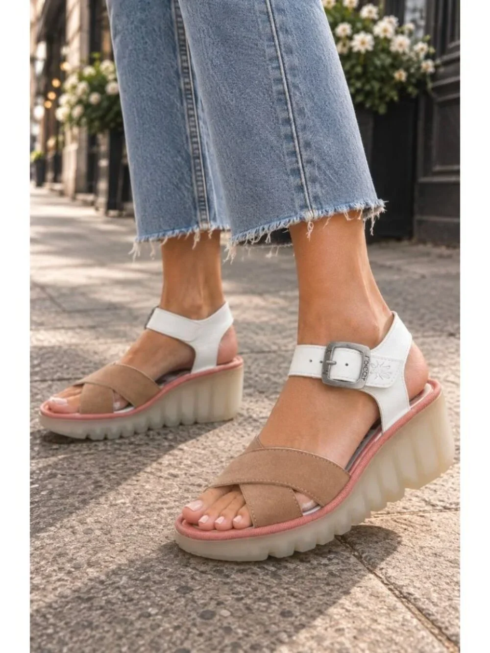 Fly London Bace Platform Wedge Sandal Pink White Leather Size EU 38 Artsy Chic